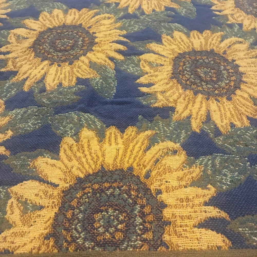 Vintage Woven Sunflower Tapestry Throw Blanket Fringed Boho Navy Gold Floral